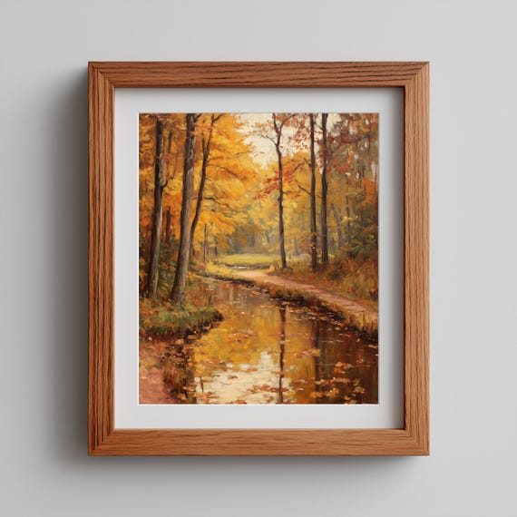 Cozy Autumn Stream In Rustic Forest Moody Landscape Art Warm Nature Pastoral Wall Decor 24