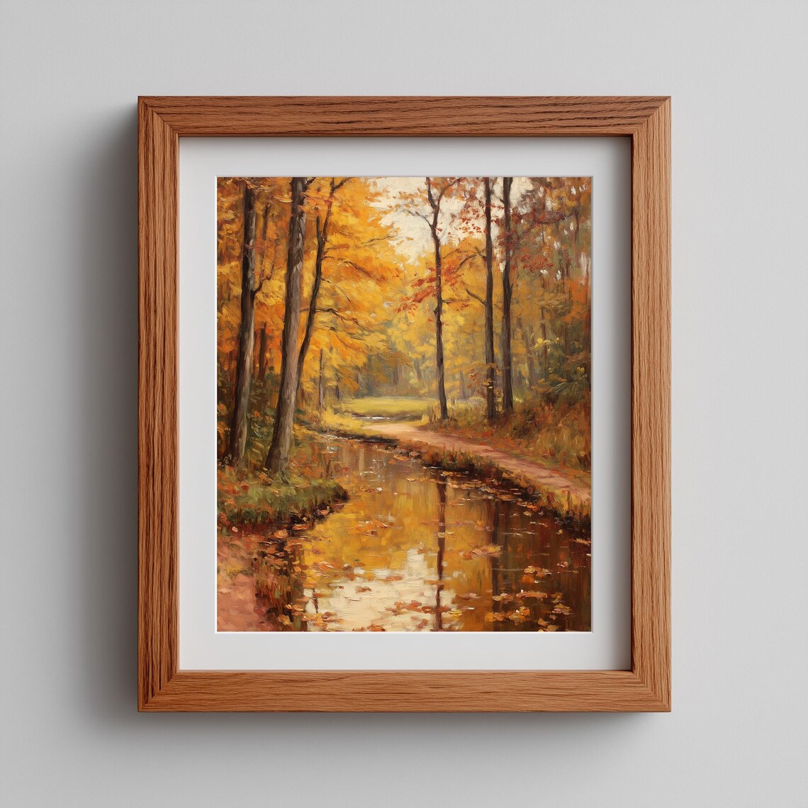 Cozy Autumn Stream Rustic Forest Warm Nature Painting Wall Art
