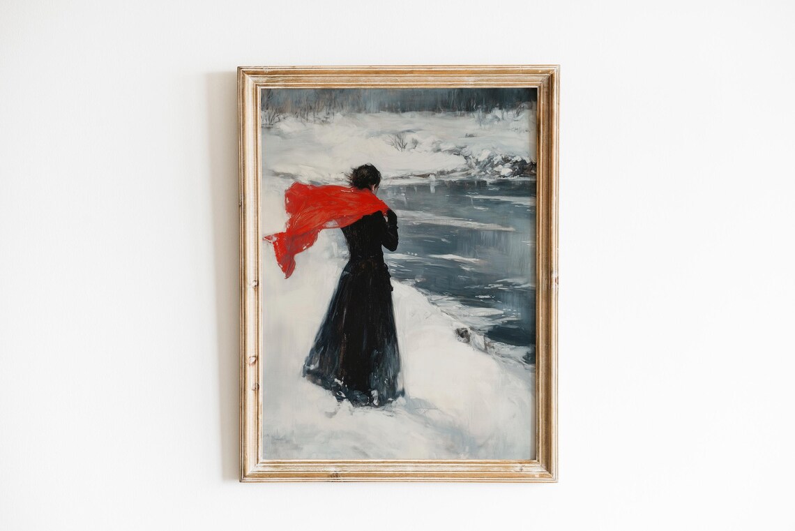 Vintage Woman in Red Scarf Walking Snowy Icy Riverbank Poster