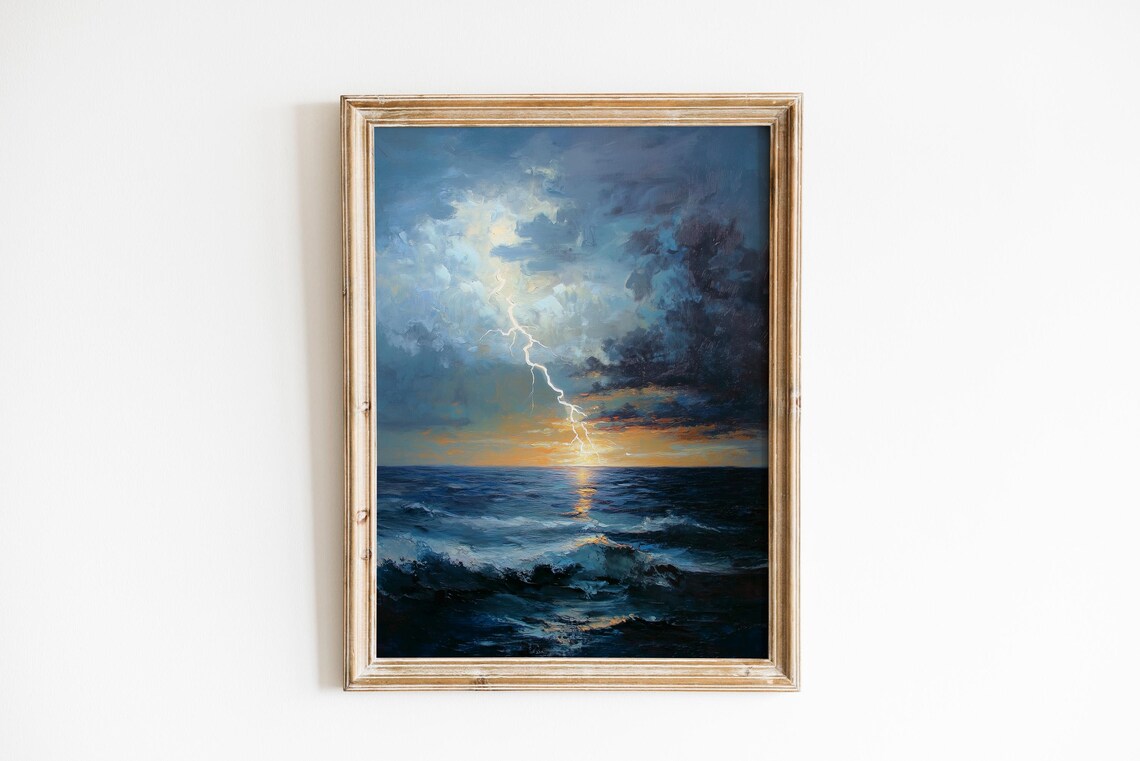 Lightning Strike Over Ocean at Sunset Dramatic Storm Seascape Art Poster