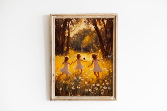 Children Dancing In Sunlit Meadow Cozy Pastoral Art Butterflies Warm Vintage Landscape Soft Impressionistic Decor 96