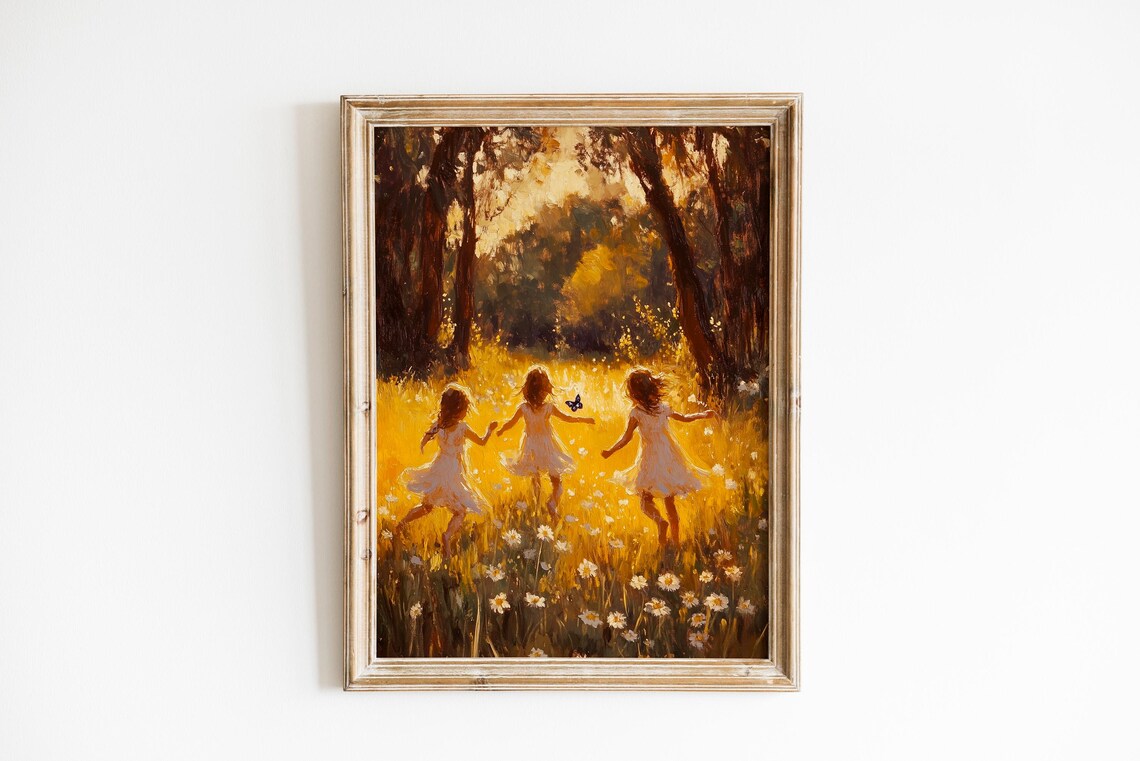 Children Dancing Sunlit Meadow Butterflies Pastoral Art Print