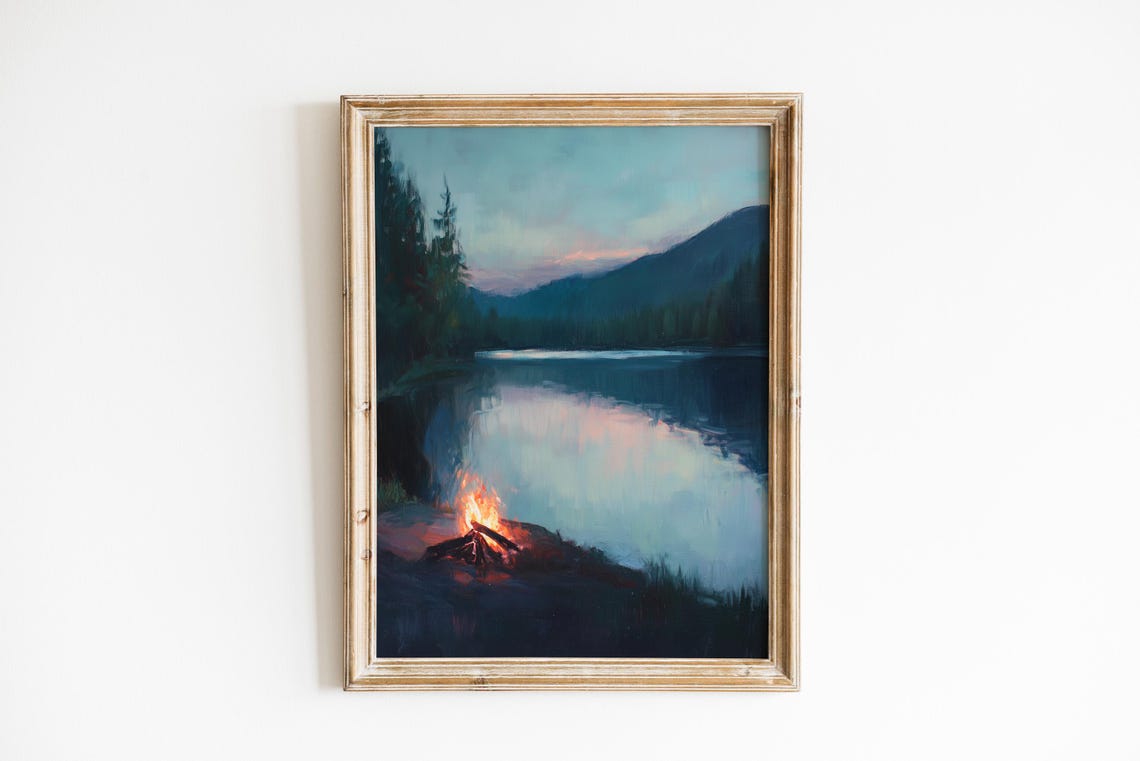 Moody Campfire By Mountain Lake Wall Art Rustic Outdoor Scene Tranquil Twilight Cozy Reflection 117