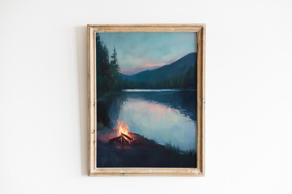 Campfire Glowing By Still Mountain Lake Dusk Tranquil Wilderness Print