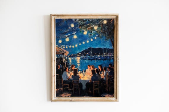 Moody Nighttime Harbor Restaurant Art Nautical Scene With Warm Lights Cozy Dinner Atmosphere Wall Decor 194