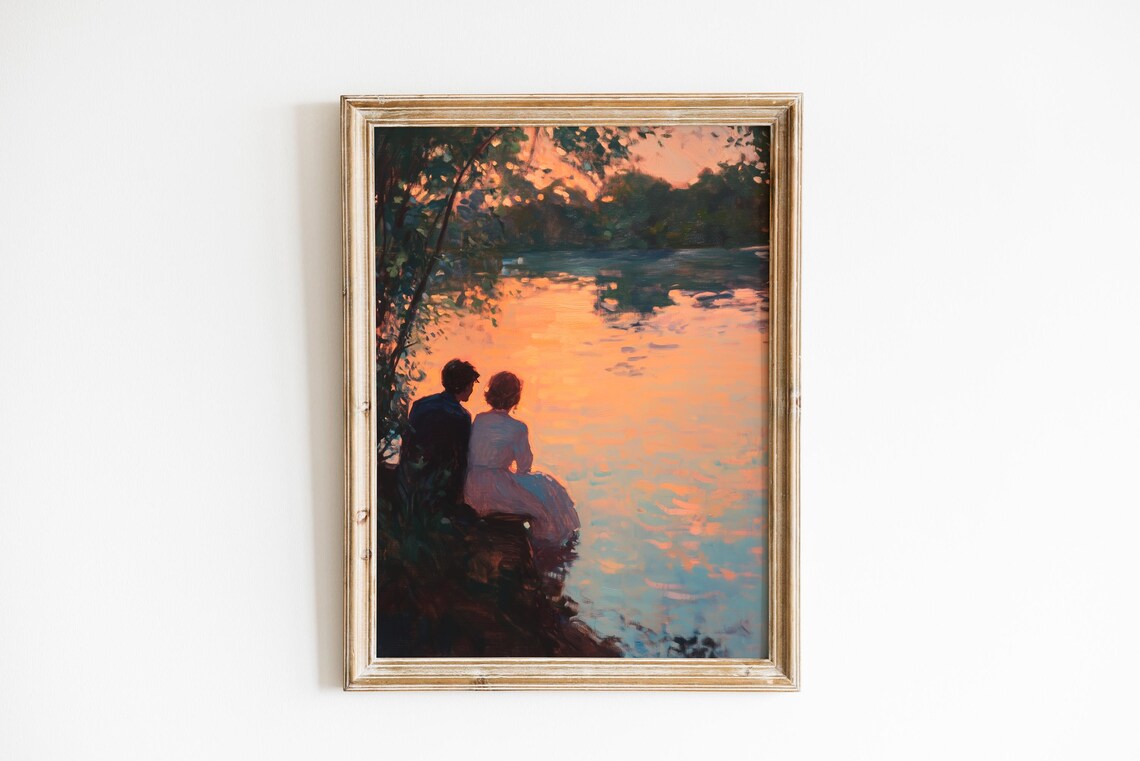 Romantic Couple Lake Sunset Impressionist Oil Painting Wall Art