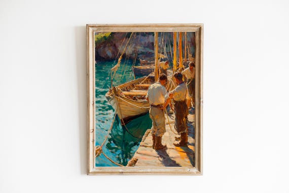 Nautical Fishermen On Sunlit Dock Art Vintage Coastal Scene Moody Ocean View Rustic Wall Decor 241