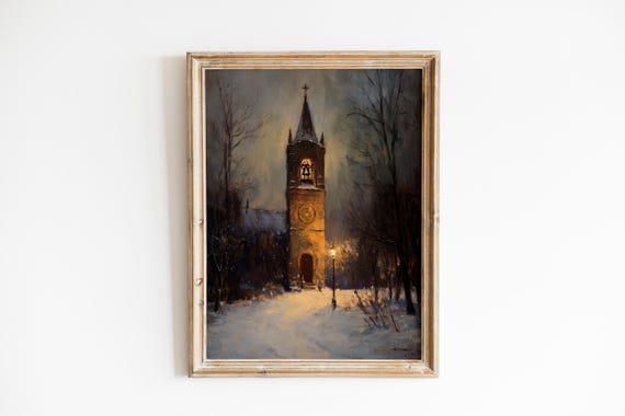 Moody Winter Church Bell Tower Painting Cozy Snowfall Scene Vintage Wall Art Illuminated Spire 992