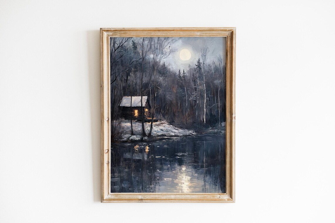 Moonlit Cabin Beside a Frozen Lake Pines Winter Night Poster