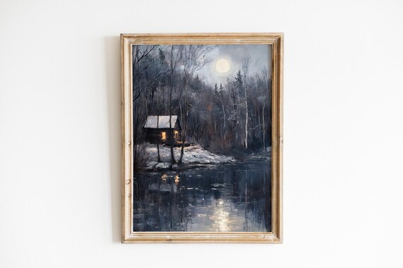 Cozy Winter Cabin In Moonlit Night Moody Rustic Landscape Snowdusted Trees Nocturnal Serenity Darktoned Painting Art 956