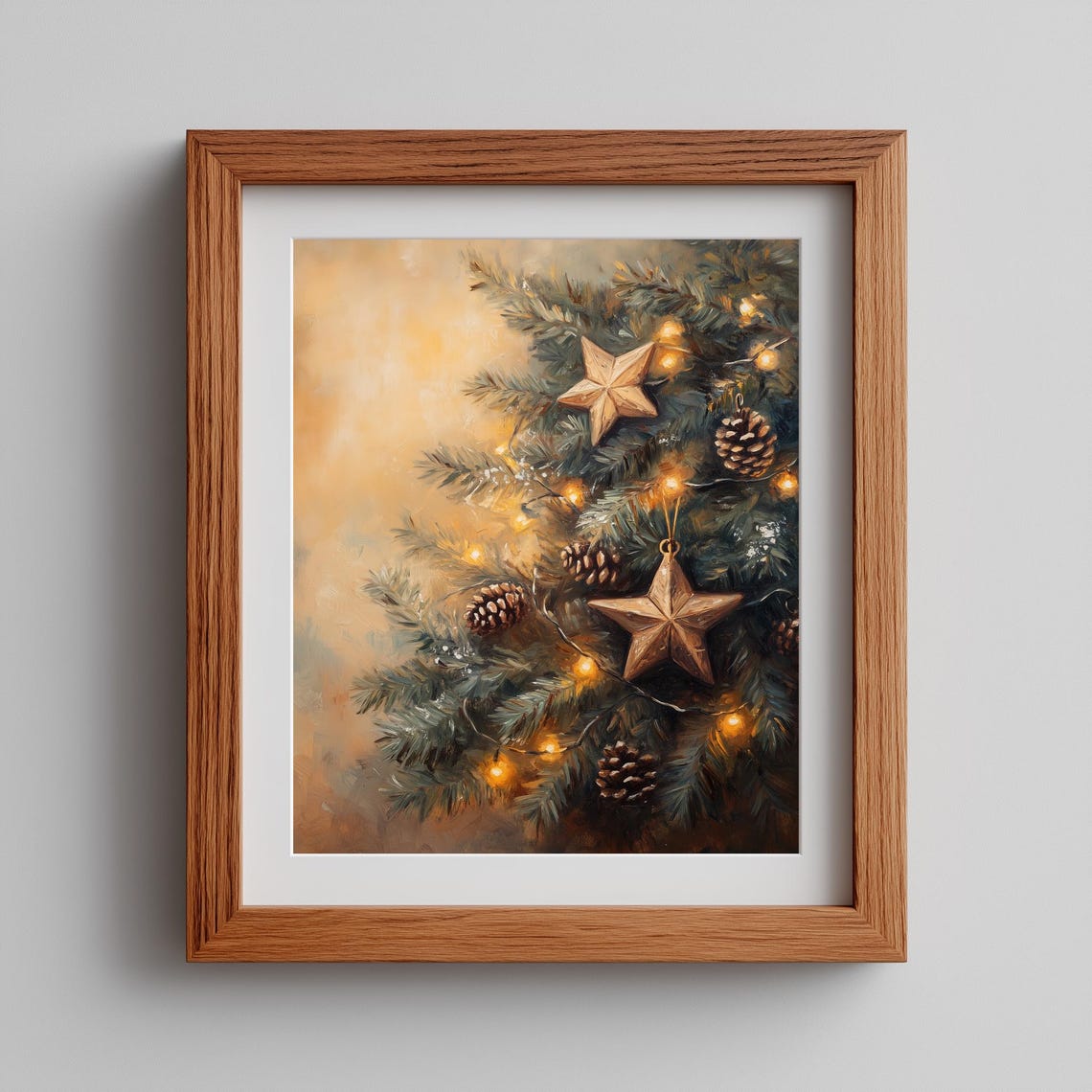 Festive Christmas Tree Branch Stars Pine Cones Rustic Wall Art