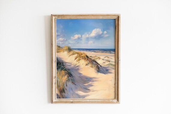 Sunlit Coastal Sand Dunes Poster with Grassy Beach and Ocean View Painting