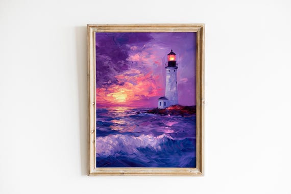 Moody Lighthouse Wall Art Seascape Painting Vintage Nautical Decor Coastal Scene With Dramatic Colors 94
