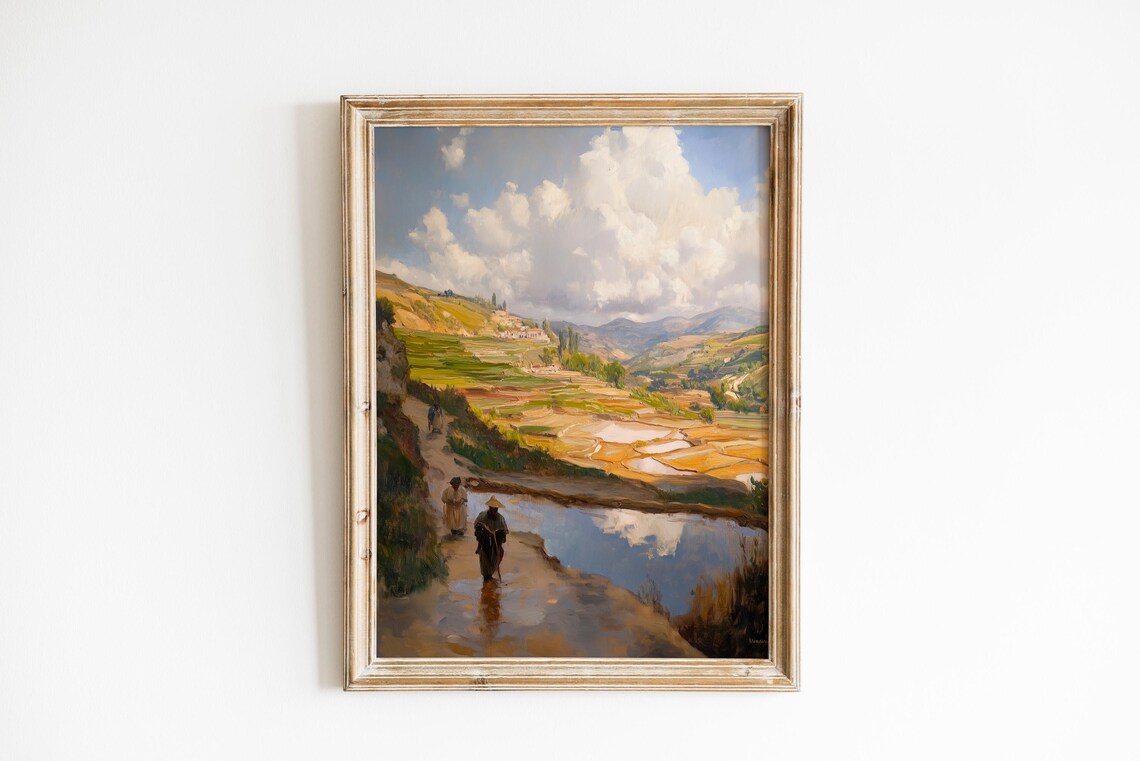 Sunlit Terraced Rice Fields With Villagers Pastoral Landscape Wall Art