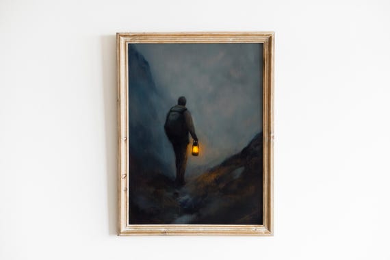 Moody Twilight Hiker With Lantern Atmospheric Landscape Art Rocky Path Dusk Tones Wall Decor 305
