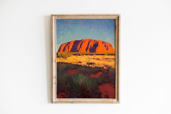 Uluru Sunset Landscape Art Dramatic Moody Dusk Scene Vintage Style Earthy Crimson And Gold Tones Wall Decor 916