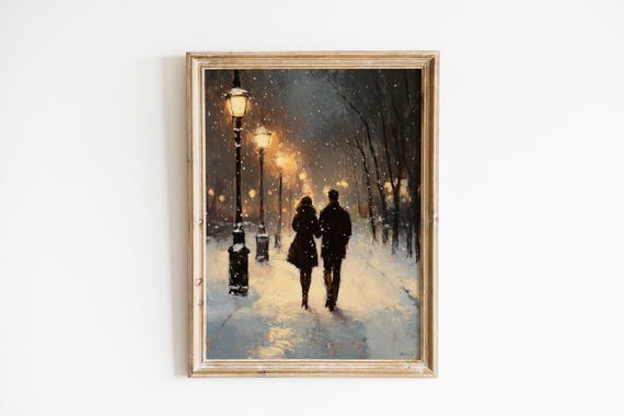 Romantic Snowy Street Scene Winter Couple Painting Moody Nighttime Art Vintage Cozy Decor Wall 1026