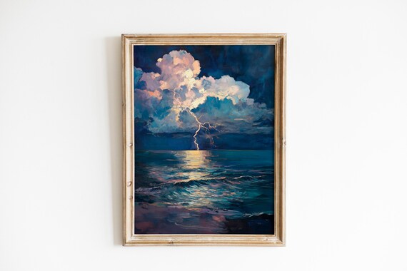 Moody Lightning Striking Distant Ocean Stormy Coastal Wall Art Dramatic Nautical Decor Dark Oil Painting 575