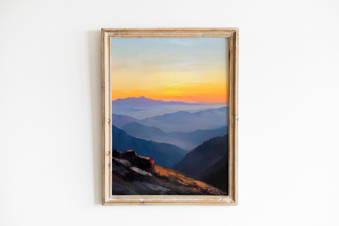Mountain Sunrise Layered Blue Ridges Golden Sky Painterly Print