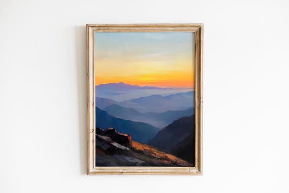 Rustic Mountain Sunrise Majestic Peak At Dawn Golden Summit Moody Painterly Art Serene Earthy Landscape 881