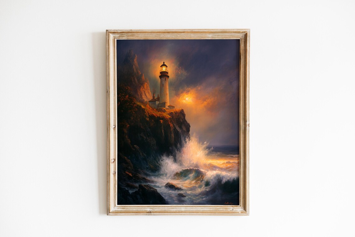 Cliffside Lighthouse Golden Sunset Stormy Seascape Art Print
