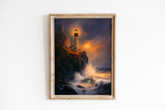 Moody Lighthouse Coastal Print Dramatic Night Seascape Art Nautical Wall Decor Stormy Ocean Scene 41