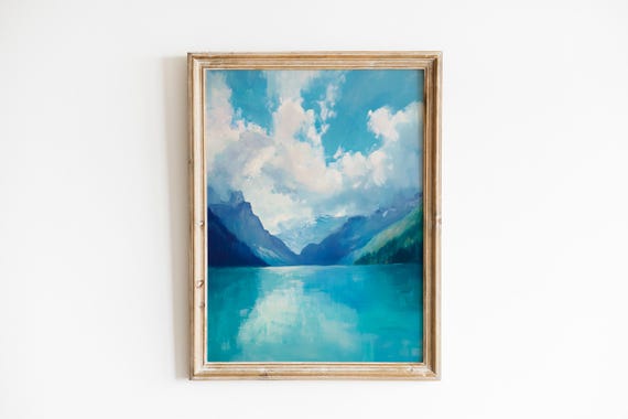 Moody Turquoise Lake Landscape Painting Serene Rustic Wall Art Impressionistic Nature Decor 663