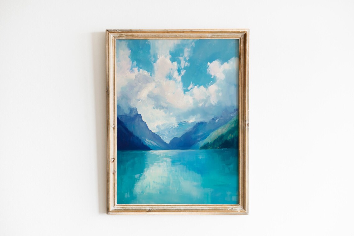 Moody Turquoise Lake Alpine Peaks Cloudy Sky Landscape Art Poster