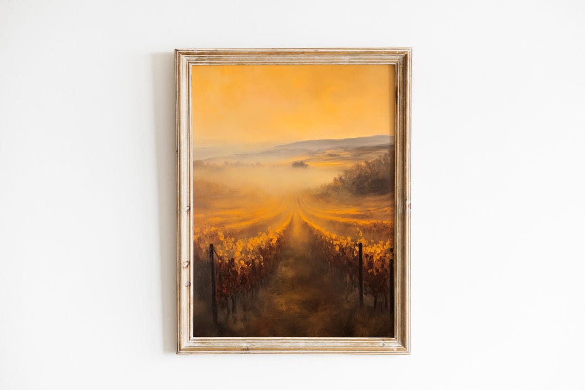 Golden Vineyard Rows Dawn Mist Rustic Farmhouse Landscape Poster