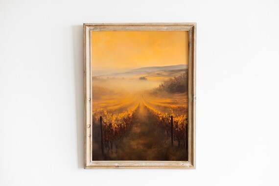 Golden Vineyard Rows Dawn Mist Rustic Farmhouse Landscape Poster