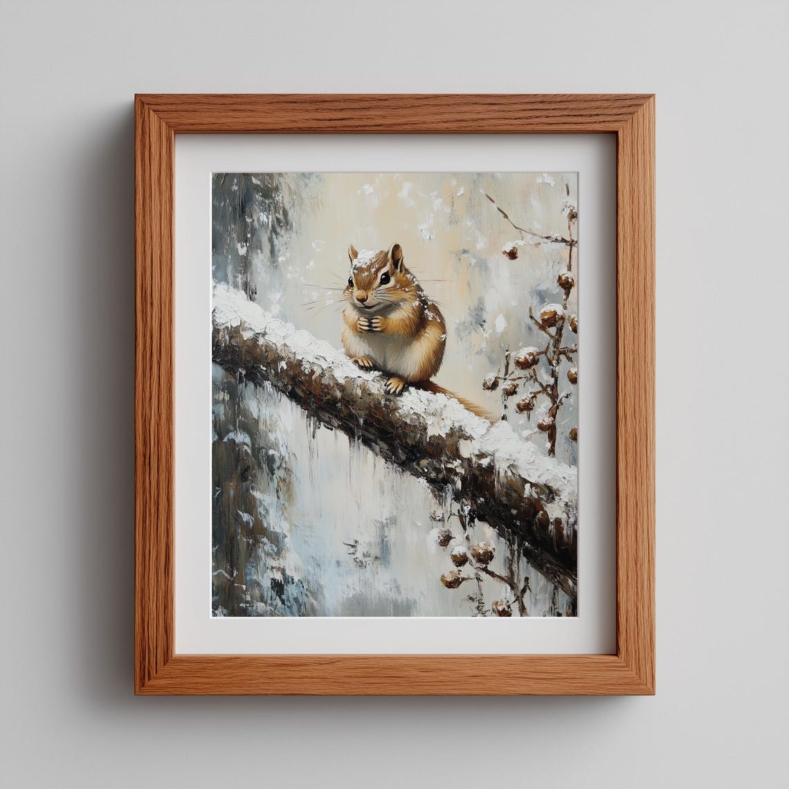 Chipmunk on Snowy Branch Winter Wildlife Painting Cute Nature Poster