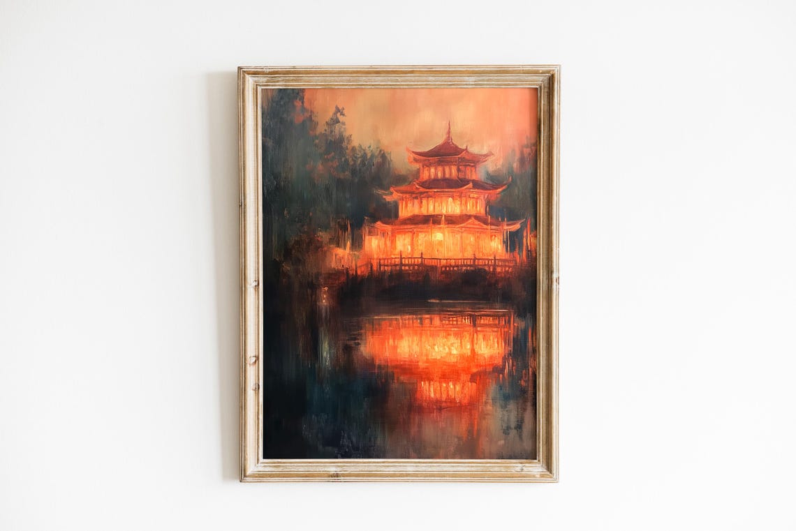 Moody Nighttime Pagoda Serene Buddhist Pavilion Landscape Spiritual Wall Art Tranquil Asian Zen Decor 954