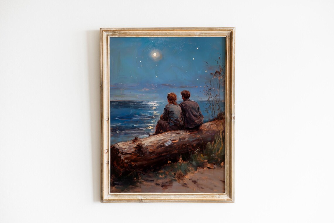 Couple Watching Moonlit Sea Night Stars Romantic Oil Painting Poster
