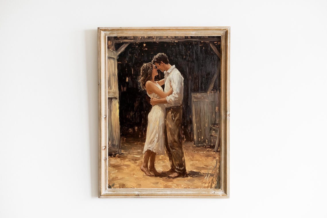 Couple Slow Dancing in Rustic Barn Doorway Romance Art Print