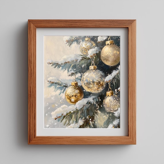Rustic Gold Ornaments Cozy Snowy Evergreen Sprig Christmas Print