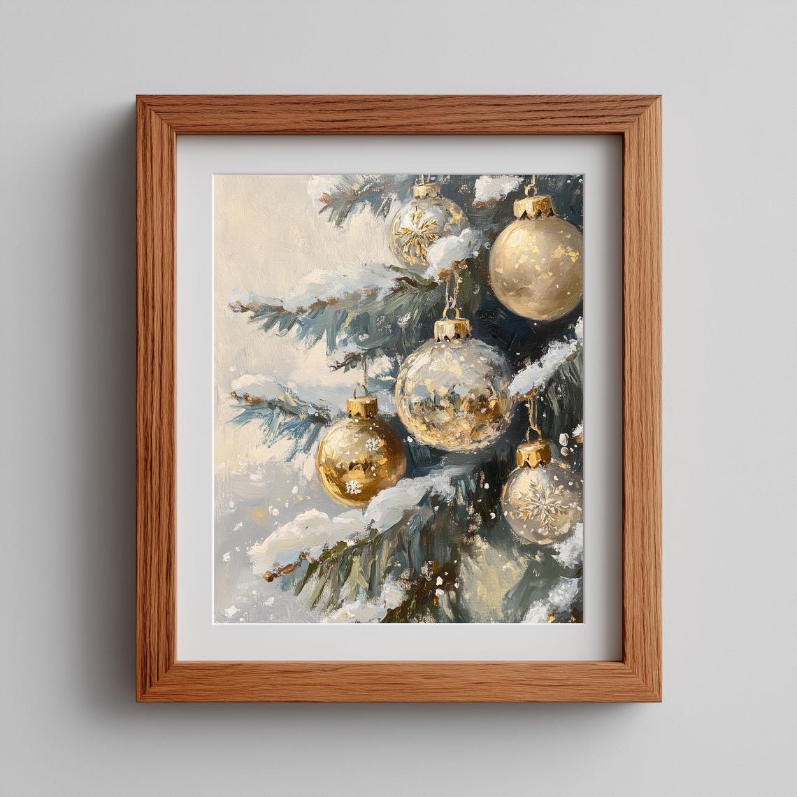 Rustic Gold Ornaments Cozy Snowy Evergreen Sprig Christmas Print