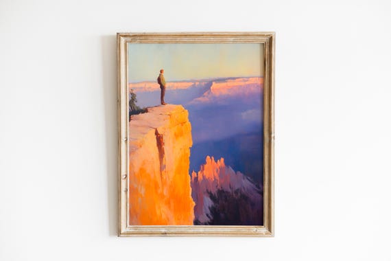 Lone Hiker At Bryce Canyon Rim Dramatic Sunset Wall Art Moody Landscape Adventurous Painting Instant 313