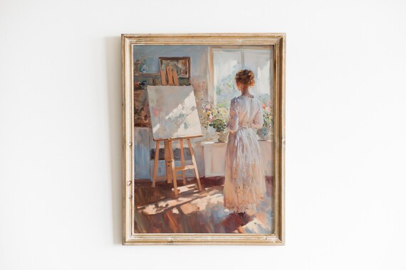 Moody Artist Studio Wall Art Vintage Impressionistic Painting Cozy Atmosphere Unfinished Canvas 87