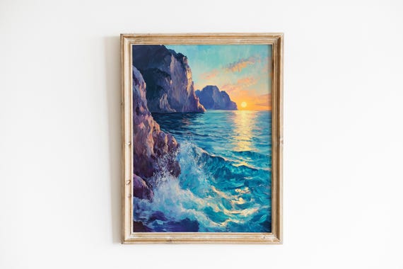 Coastal Seascape Art Croatian Cliff Waves In Turquoise Moody Luminous Ocean Scene Beach Decor 528