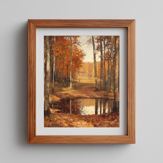 Autumn Forest Pond Reflection Painting Golden Fall Trees Wall Art