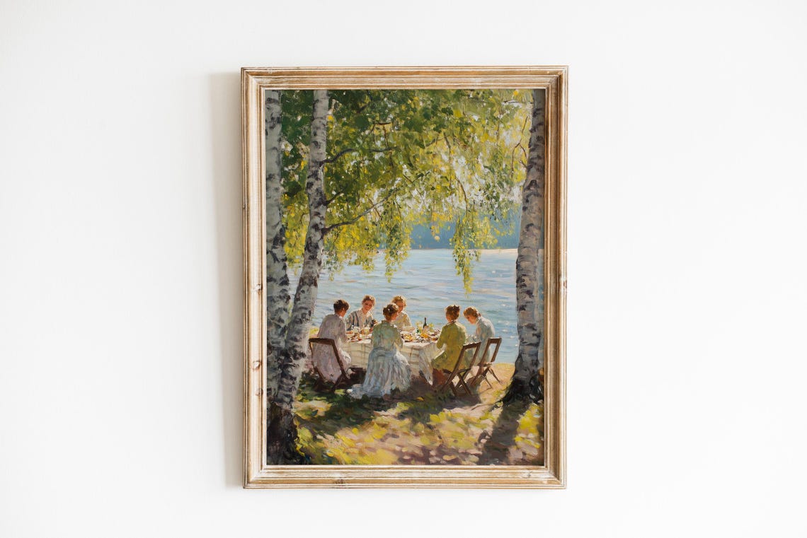 Lakeside Picnic Birch Trees Summer Friends Impressionist Art Poster