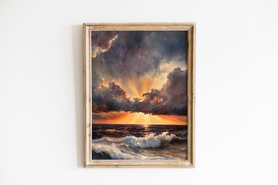 Moody Coastal Scene Wall Art Dramatic Seascape With Stormy Clouds Vintage Maritime Decor Instant Ocean Painting 213