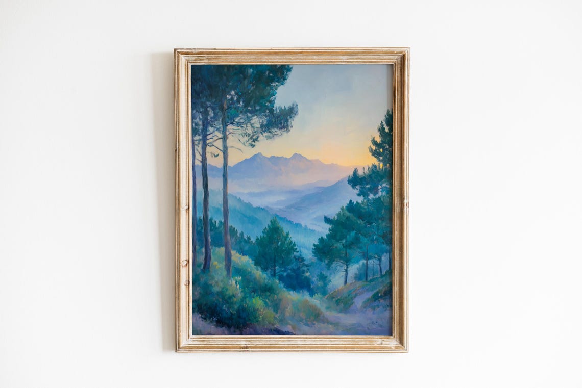 Serene Pine Valley Dawn Mountain Mist Vintage Landscape Art Poster