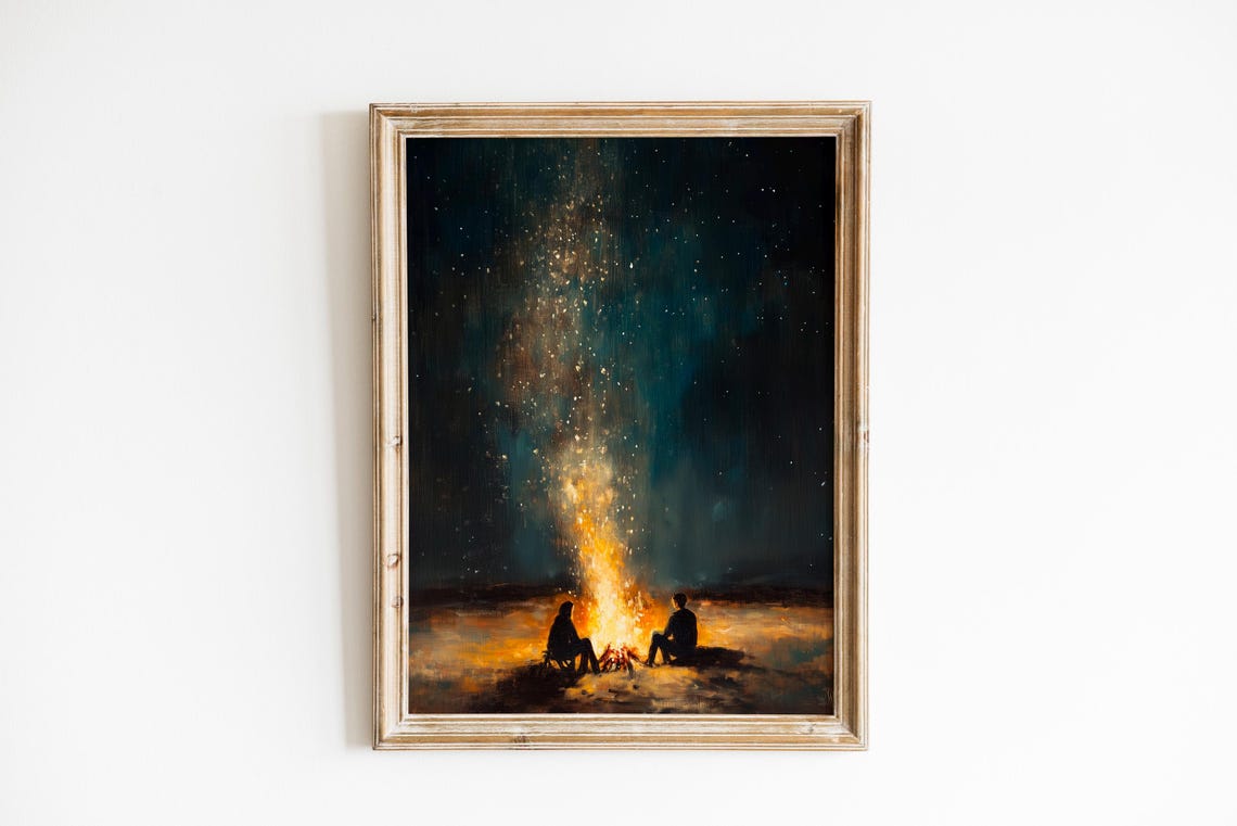 Couple by Campfire Under the Milky Way Starry Night Sky Wall Art