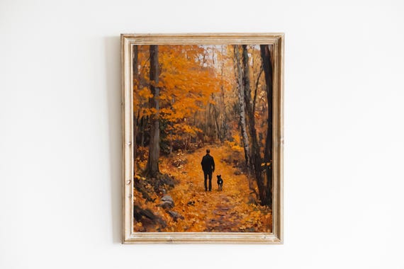 Man And Dog Walking Autumn Forest Path Oil Painting Fall Wall Art
