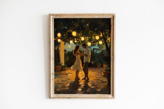 Moody Romantic Couple Dancing Intimate Night Dance Scene Rustic Warm Glow Painterly Brushwork Wall Art 1007