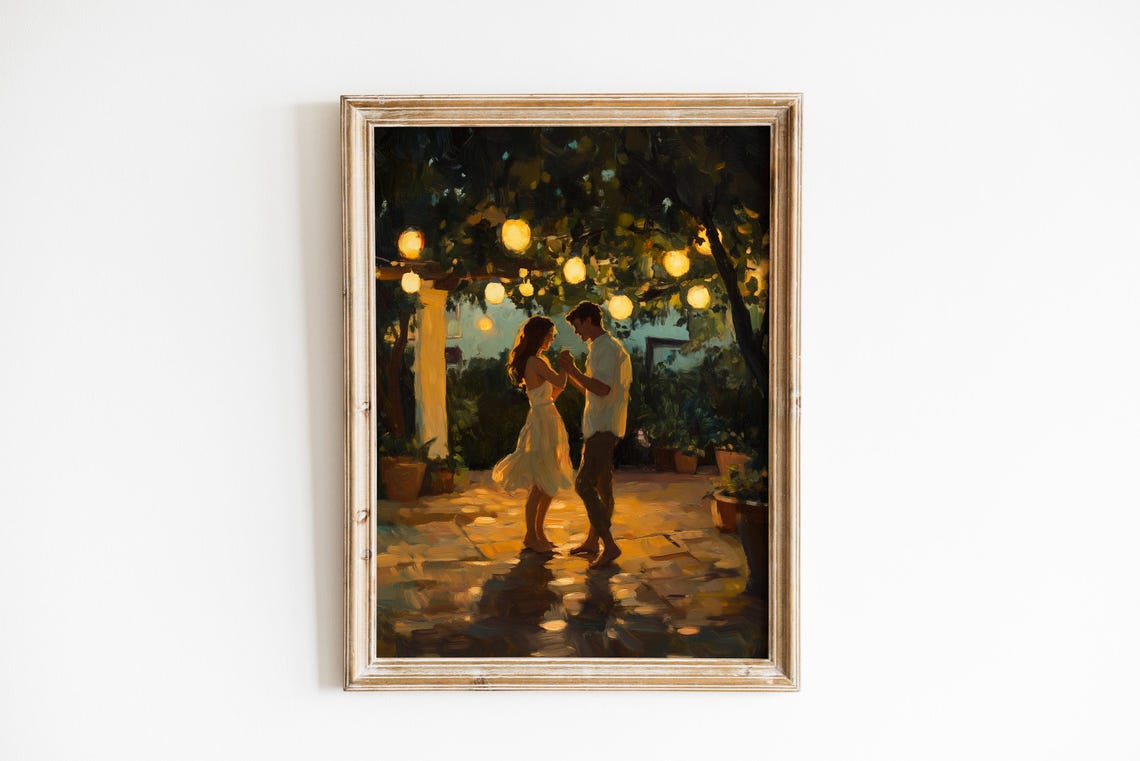 Couple Dancing Under String Lights Garden Night Romance Print