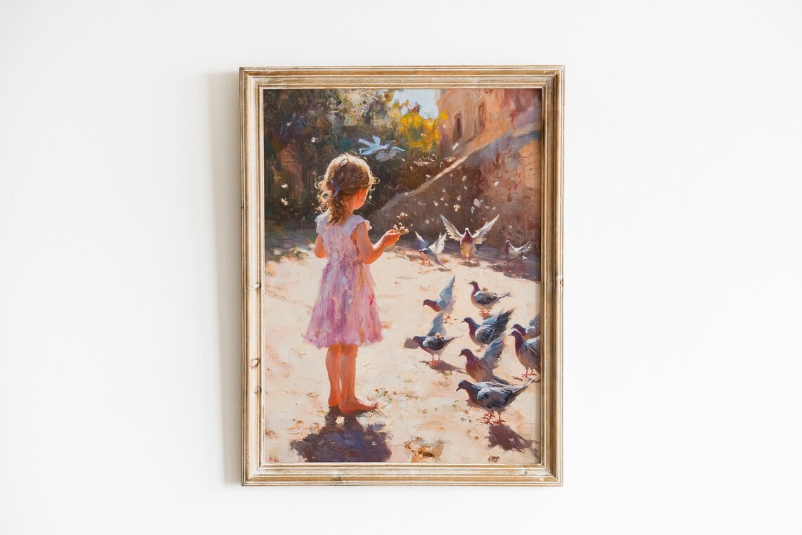 Little Girl Feeding Pigeons on Sunlit Summer Street Vintage Wall Art