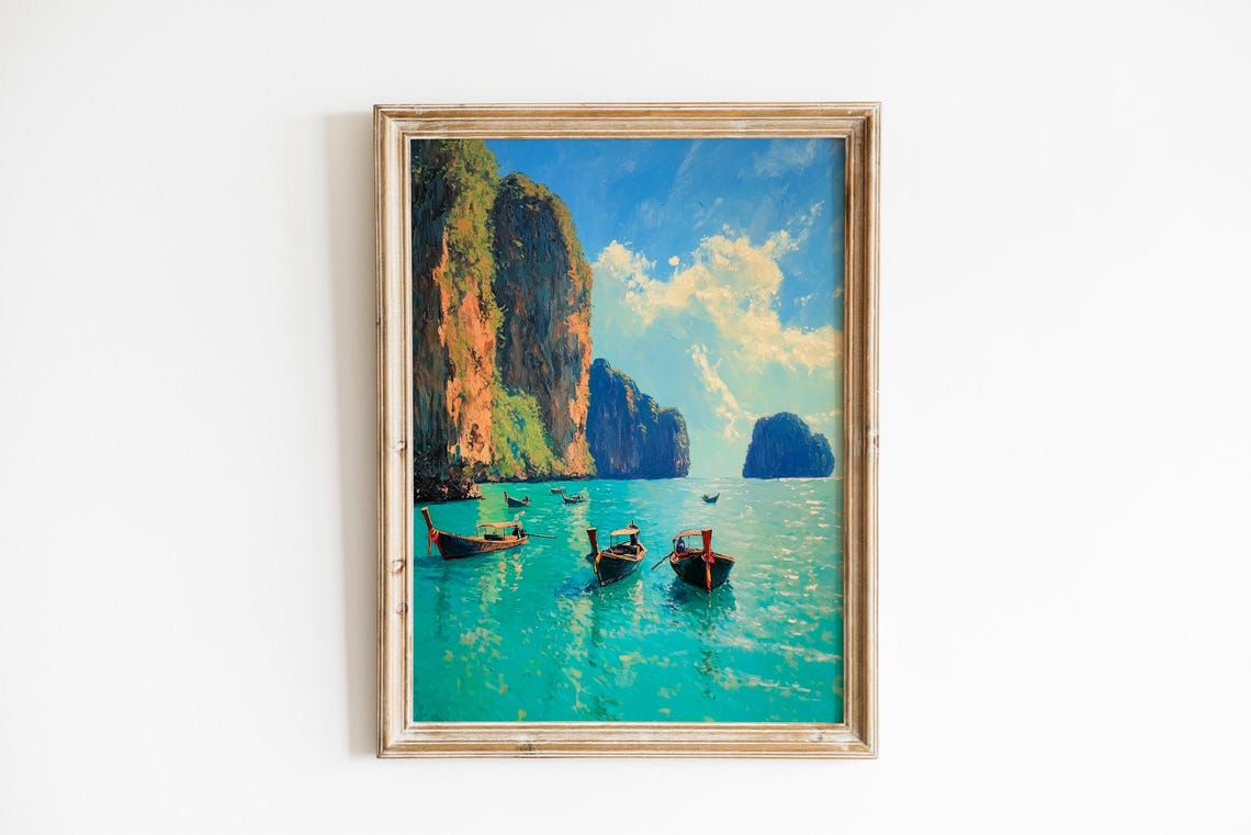 Tropical Longtail Boats Turquoise Bay Limestone Cliffs Art Poster