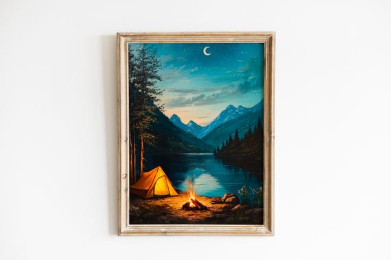 Campsite Night Scene Wall Art Cozy Rustic Landscape Lake Reflection And Tent Adventure Decor 71